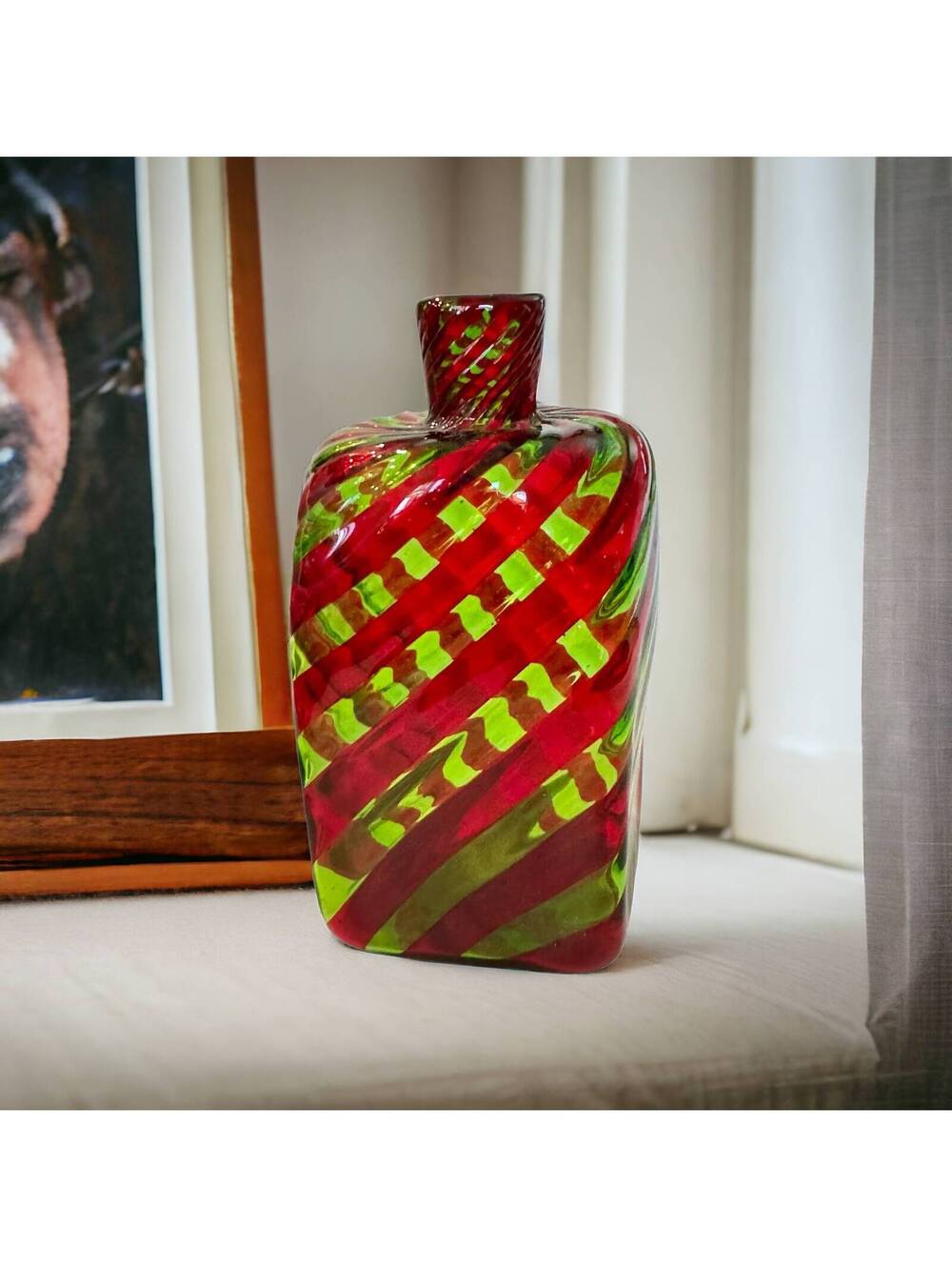 Rare 19th Century Czech European Glass Flask Blown Red Green Crosshatch